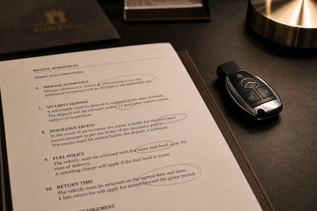 UAE rental rules checklist: mileage, deposit, excess, fuel and return time marked on a hire agreement