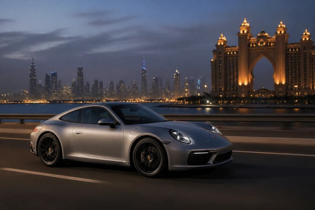 Silver grand-tourer coupe on the Palm Jumeirah approach from Al Sufouh for UAE road trip rental evenings