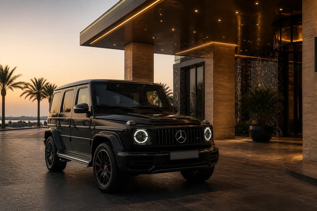 Range Rover Autobiography at an Al Sufouh beach hotel porte-cochère for luxury car rental Dubai coastal stays