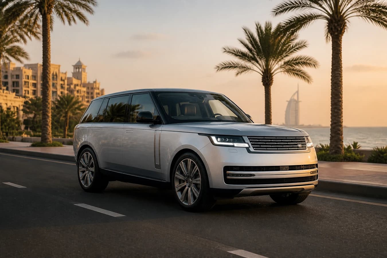 Luxury car rental Al Sufouh Dubai hero with a Range Rover on a coastal Al Sufouh Road stretch at golden hour