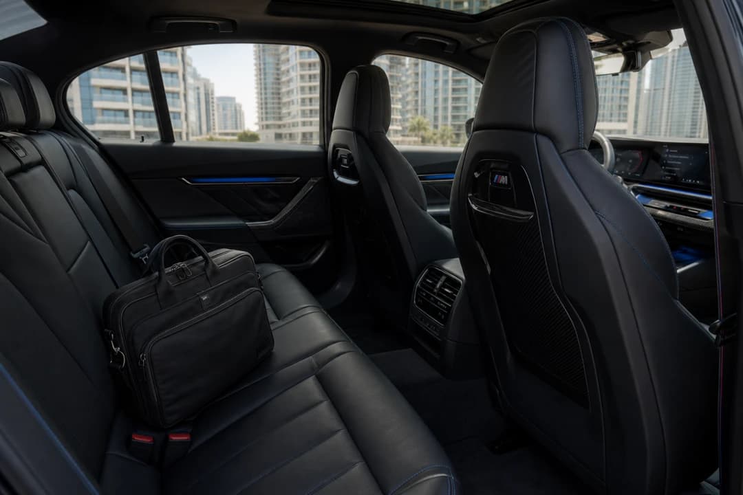 BMW M5 cabin ready for Media City meetings from Al Sufouh for best cars to rent Dubai workdays