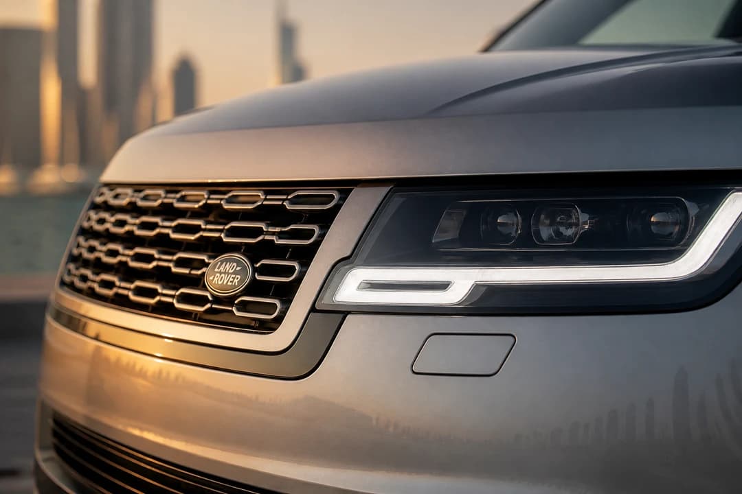 Range Rover grille detail with Al Sufouh coastal light for luxury car rental Al Sufouh Dubai identity