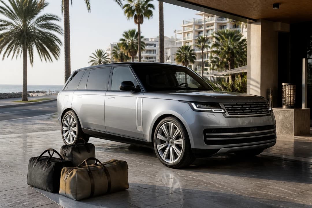 Luxury SUV handover on Al Sufouh Road with soft bags for Dubai car delivery hotel and tower plans