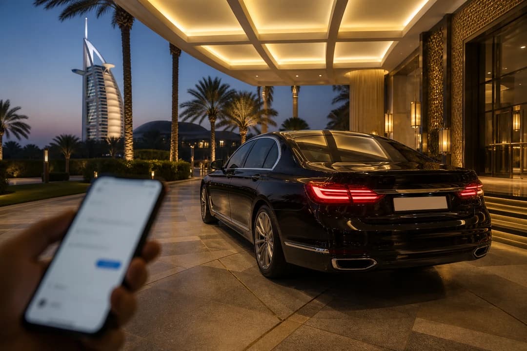Dubai rental terms: luxury sedan at a hotel porte-cochère while a renter messages booking-change timing