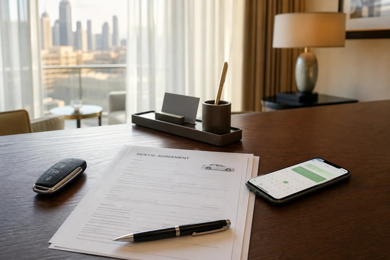 Luxury car rental cancellation policy Dubai: agreement, WhatsApp thread, and calendar beside a car key fob