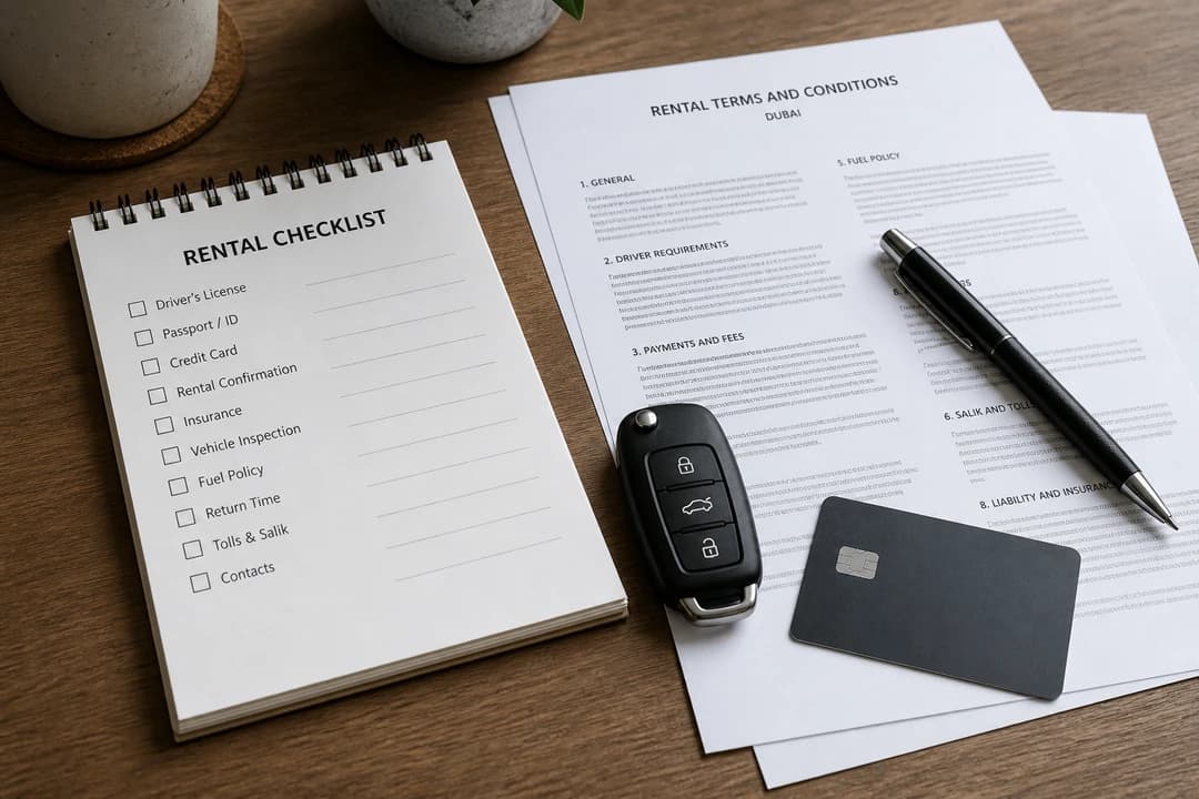 Rental deposit Dubai checklist: cancellation, payment, and deposit notes on a desk before luxury car hire Dubai booking