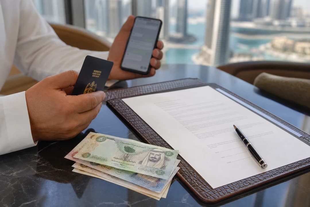Dubai car rental payment documentation table with cash, passport, and a rental agreement folder for luxury car hire Dubai