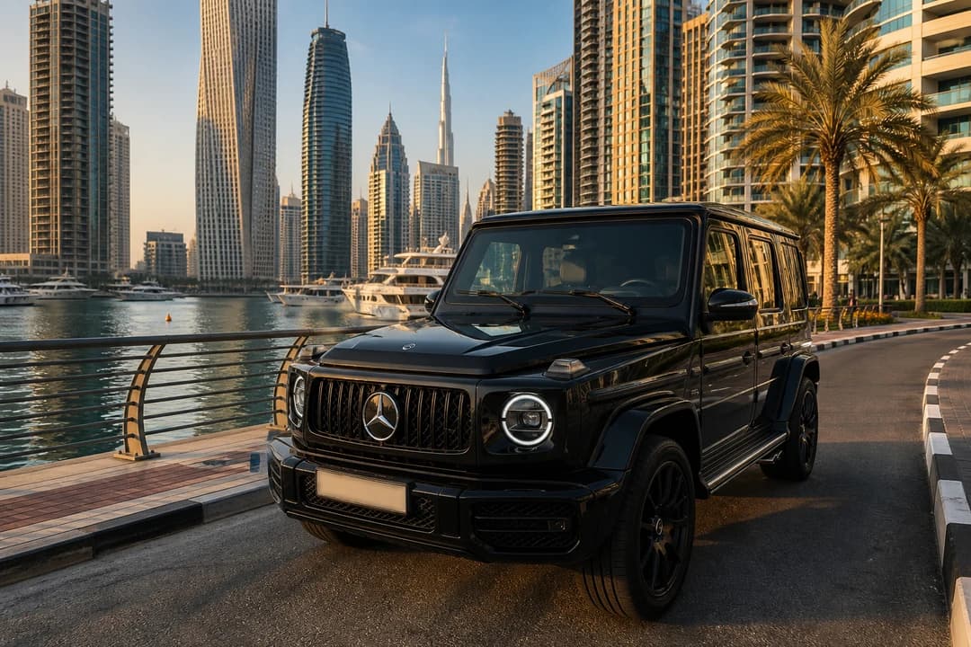 Supercar rental Dubai alternative: luxury SUV on Dubai Marina Corniche for cruise-day city hops after port arrival