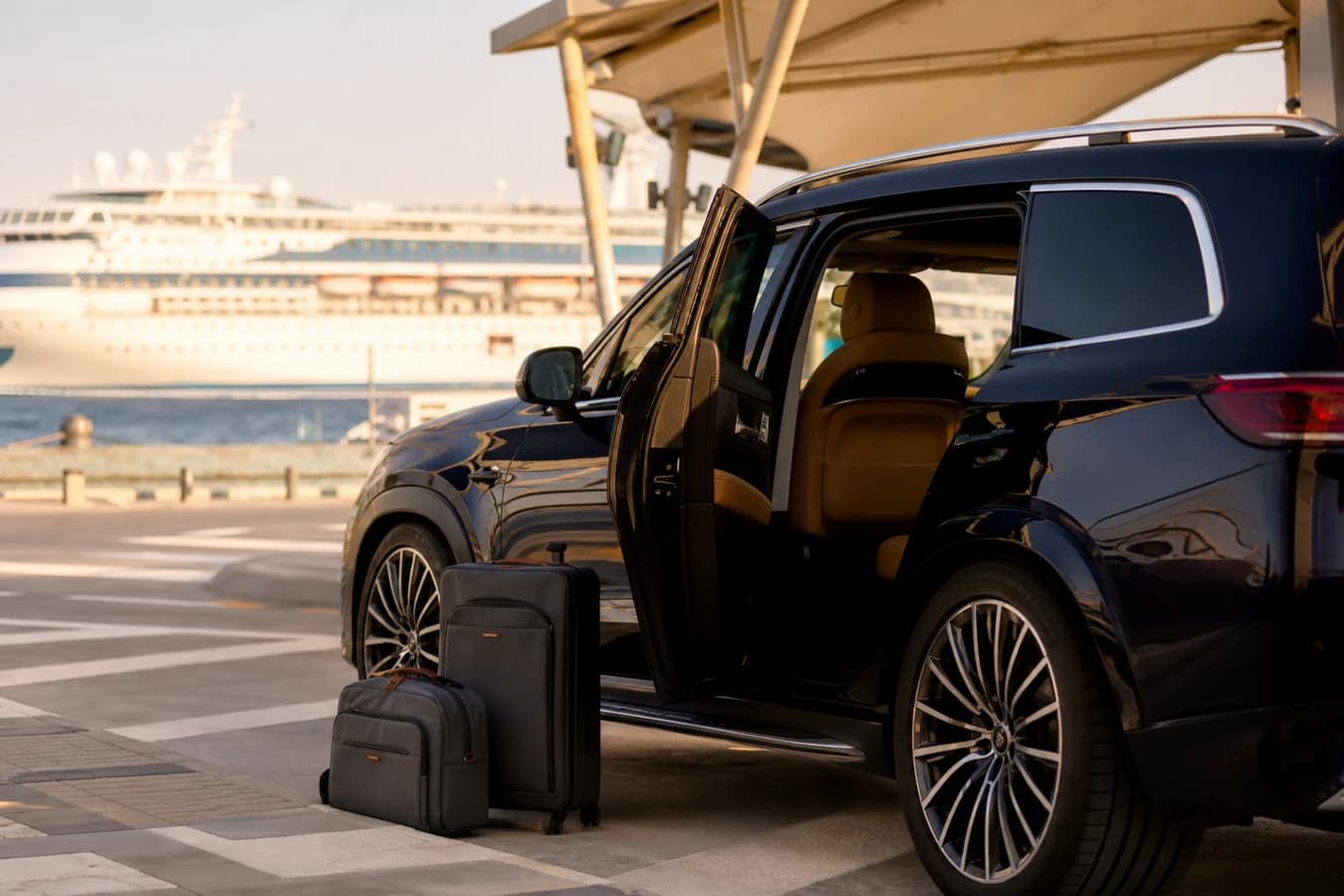 Luxury car rental Dubai cruise passengers: dark SUV at Port Rashid kerb with soft cruise luggage at morning arrival