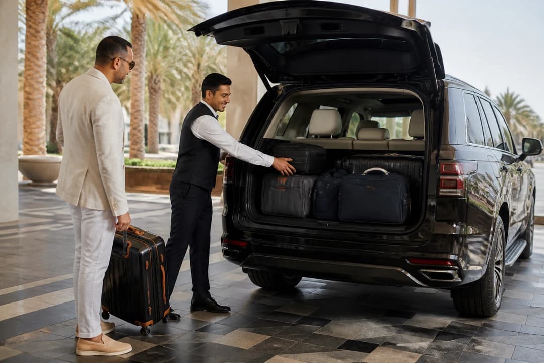 Dubai car hire practical packing: open luxury SUV boot with soft cruise roller bags at a hotel porte-cochère