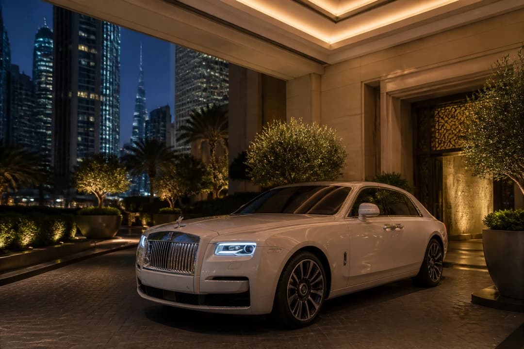 Rolls-Royce Ghost at a Downtown hotel after World Trade Centre meetings for UAE road trip rental evenings