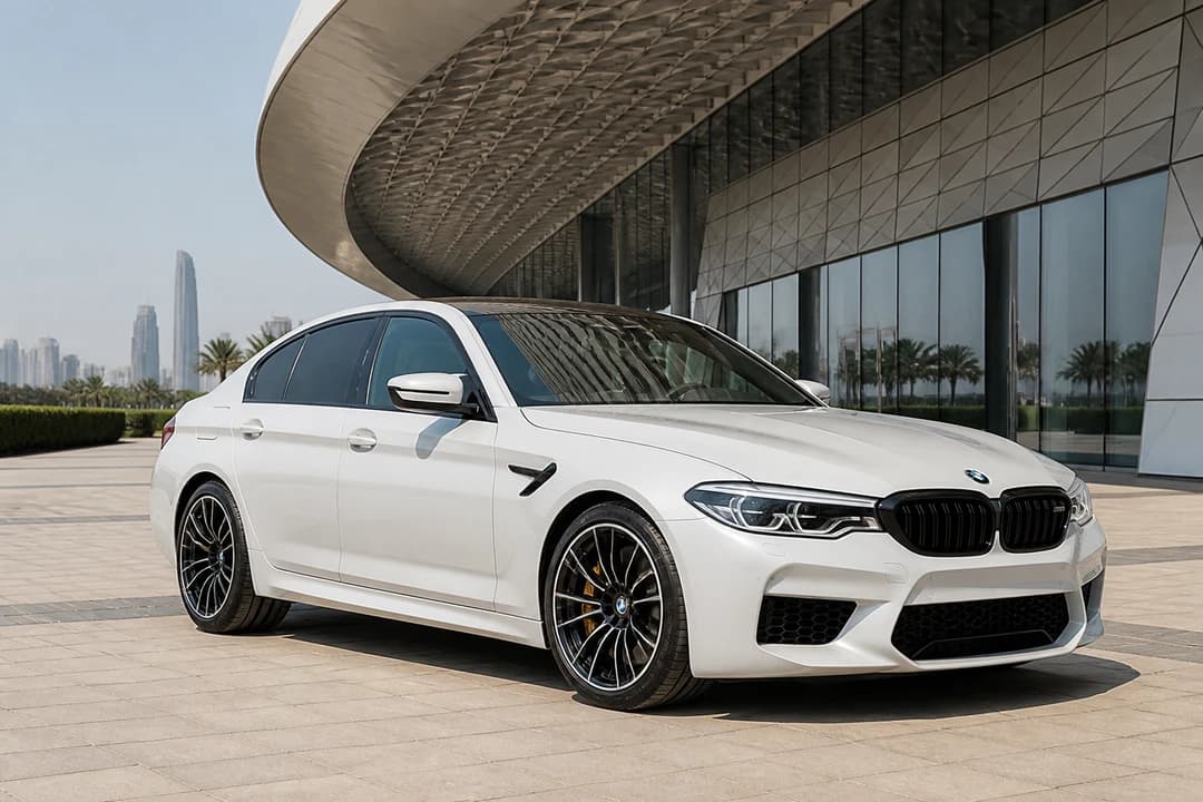 BMW M5 near Dubai exhibition halls for best cars to rent Dubai World Trade Centre meetings