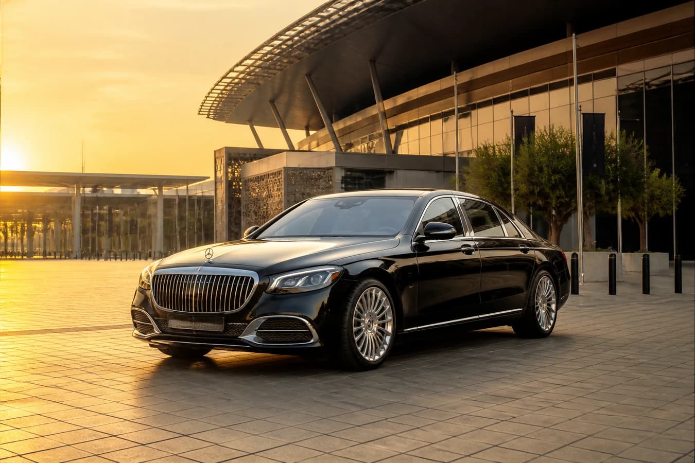 Luxury car rental Dubai World Trade Centre hero with a Maybach at the exhibition forecourt