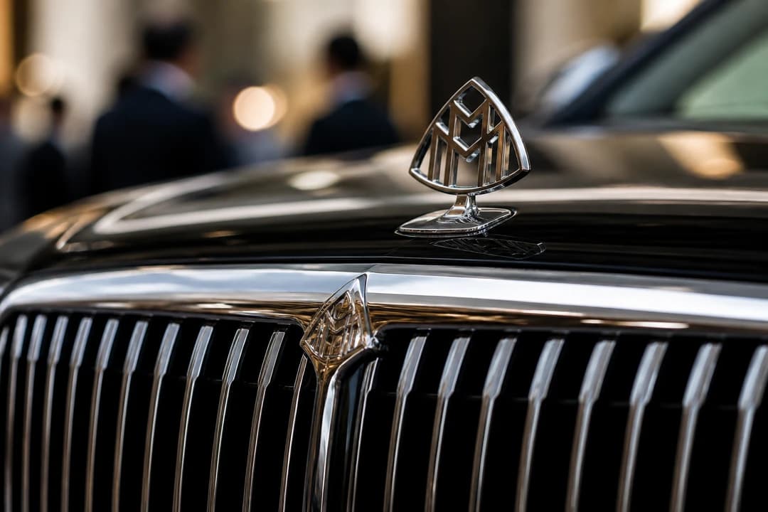 Maybach grille detail for luxury car rental Dubai World Trade Centre exhibition weeks
