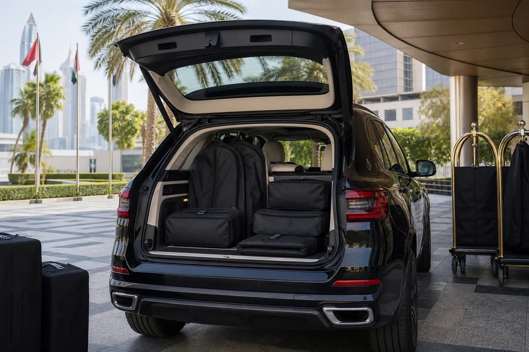 Luxury SUV Dubai car delivery with soft trade-show cases near World Trade Centre hotels