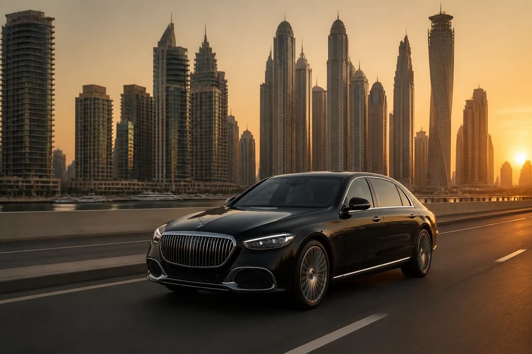 Executive sedan on the Marina connector from JLT towers for UAE road trip rental evenings