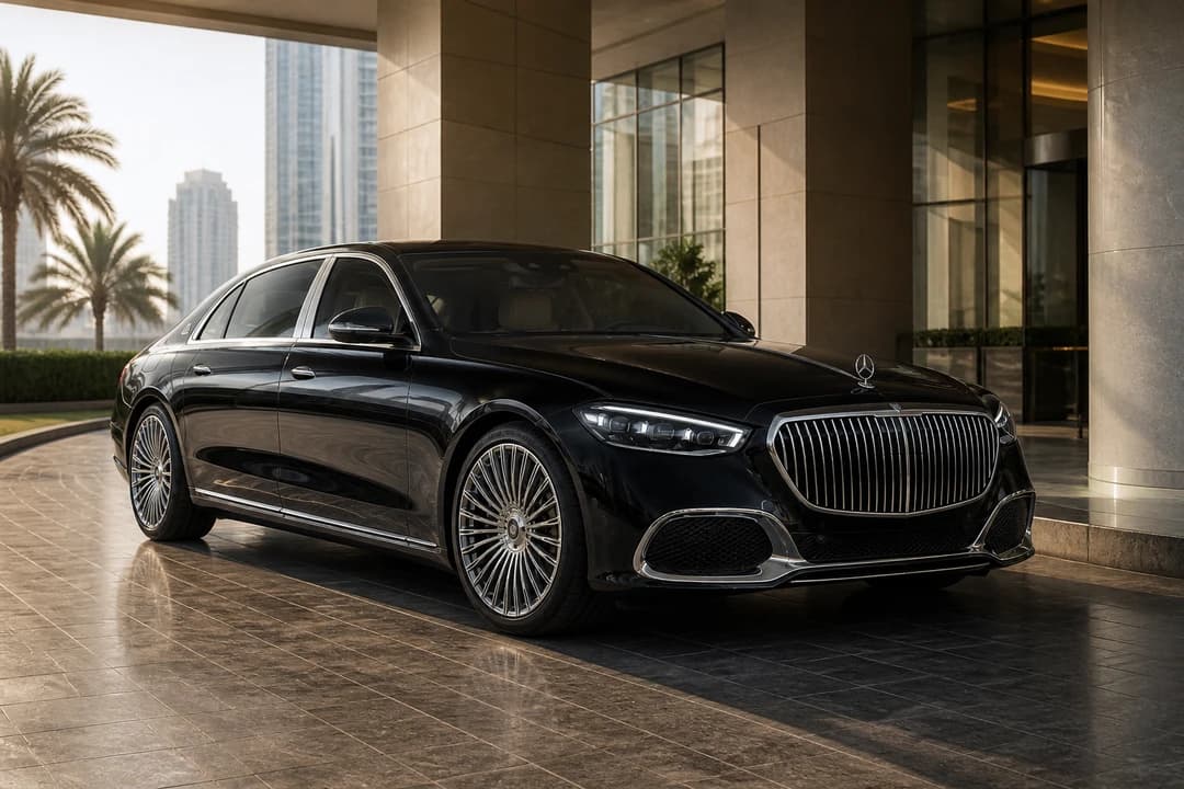 Mercedes-Maybach S 580 at a JLT office tower podium for morning client meetings