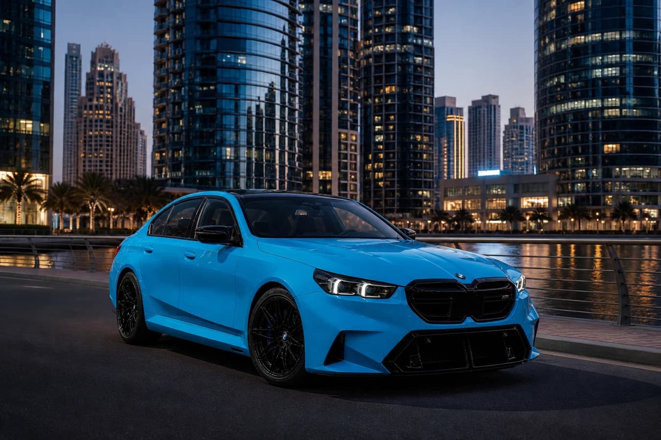 Luxury car rental JLT Dubai: BMW M5 outside Jumeirah Lake Towers cluster at blue hour