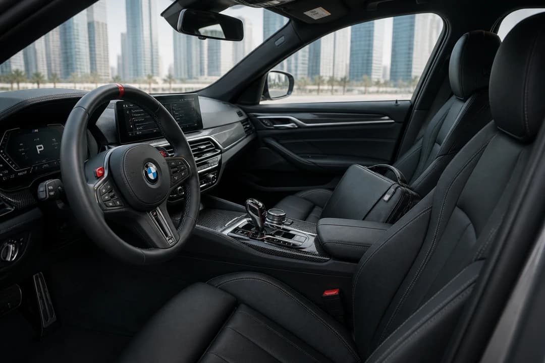 BMW M5 cabin with laptop bag ready for luxury car rental Dubai meeting days in JLT