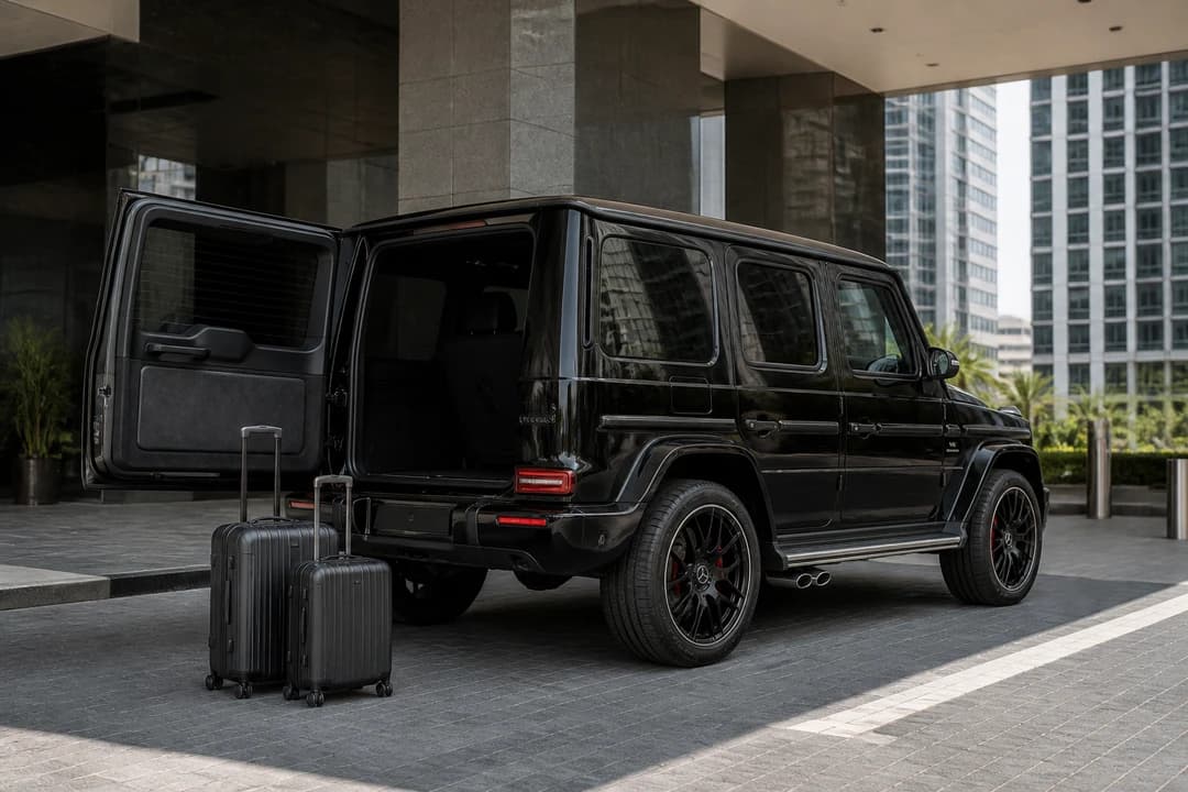 Mercedes-Benz G63 with roller cases at a JLT visitor bay for Dubai car delivery planning
