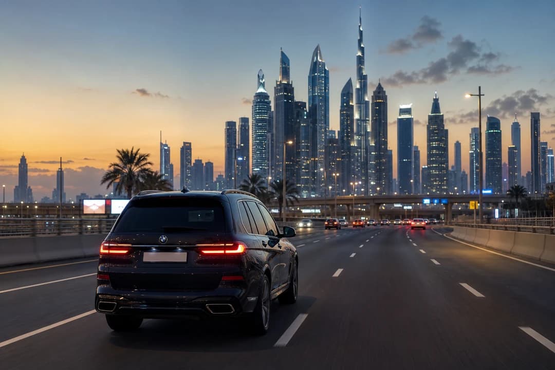 Luxury SUV on city dual carriageway toward Marina for UAE road trip rental evenings from JVC