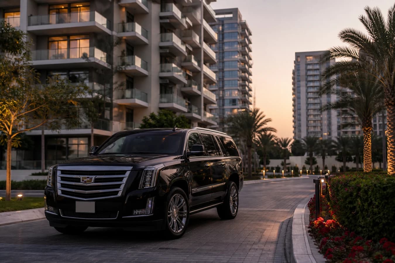 Luxury car rental JVC Dubai: Cadillac Escalade outside apartment towers at evening light