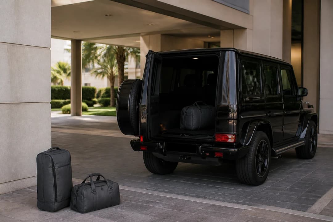 Mercedes G-Class Dubai car delivery with soft luggage at a JVC residential porte-cochère