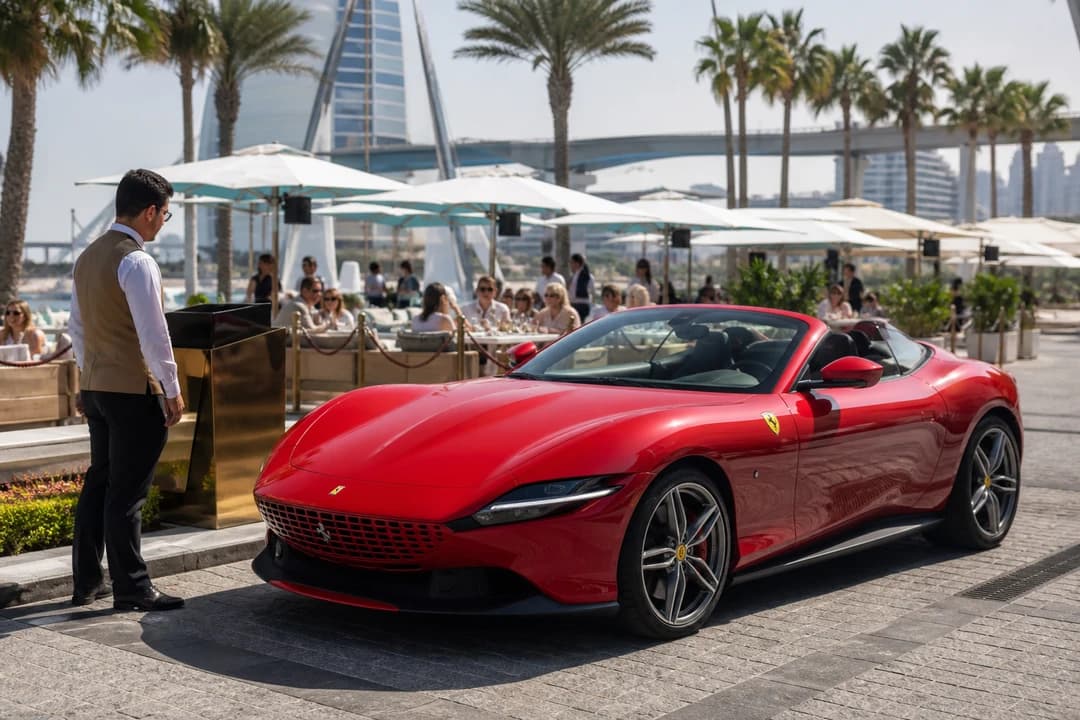 Ferrari Roma Spider at a La Mer brunch terrace valet for La Mer Dubai car rental guide weekends