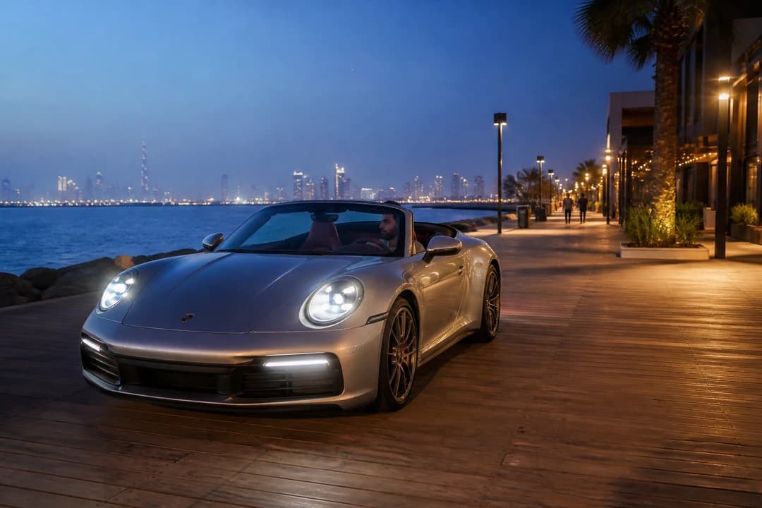 Porsche 911 Cabriolet on the La Mer Dubai boardwalk for convertible rental La Mer evenings