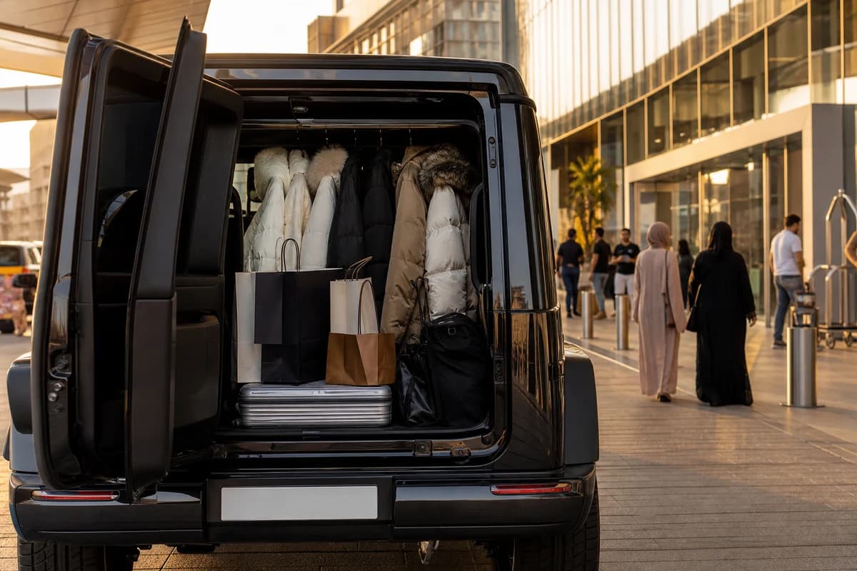 Open SUV boot with shopping bags at a Dubai mall kerb before Ski Dubai and hotel return