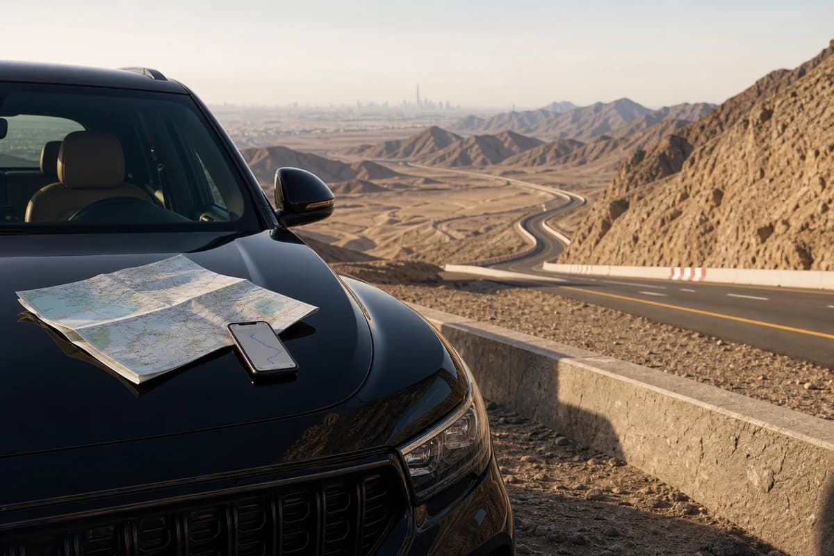 Road-trip luxury SUV at a Dubai desert highway viewpoint for mileage planning