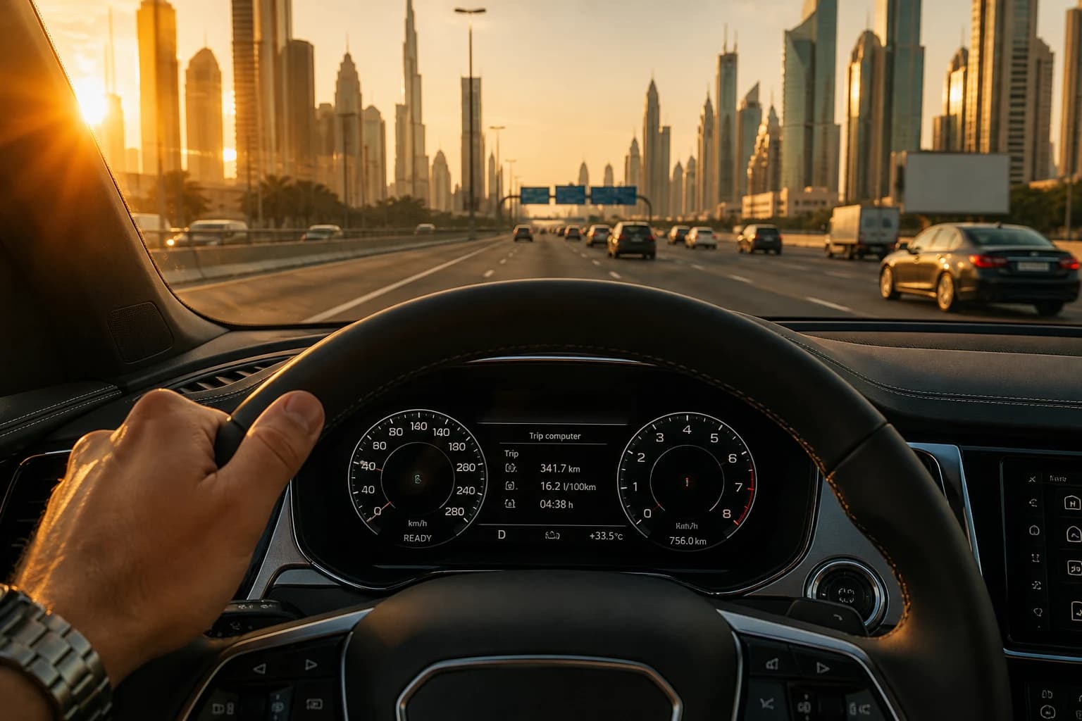Luxury car rental mileage limit Dubai: trip computer and highway view from a premium SUV cabin