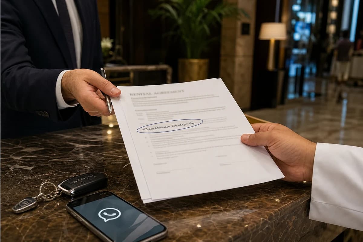 Hire agreement with mileage allowance highlighted beside keys and WhatsApp on a Dubai hotel desk