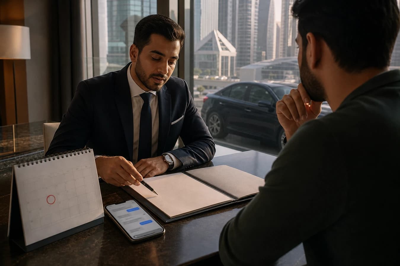 Luxury car rental payment timing Dubai: WhatsApp quote, circled handover date, and agreement folder on a DIFC hotel desk