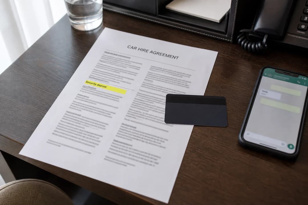 Dubai rental terms showing a security deposit line beside a card and WhatsApp quote