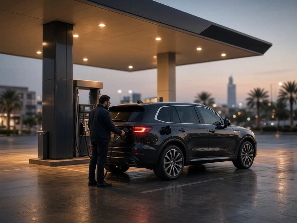 Luxury car hire Dubai petrol top-up at a Dubai forecourt before rental return
