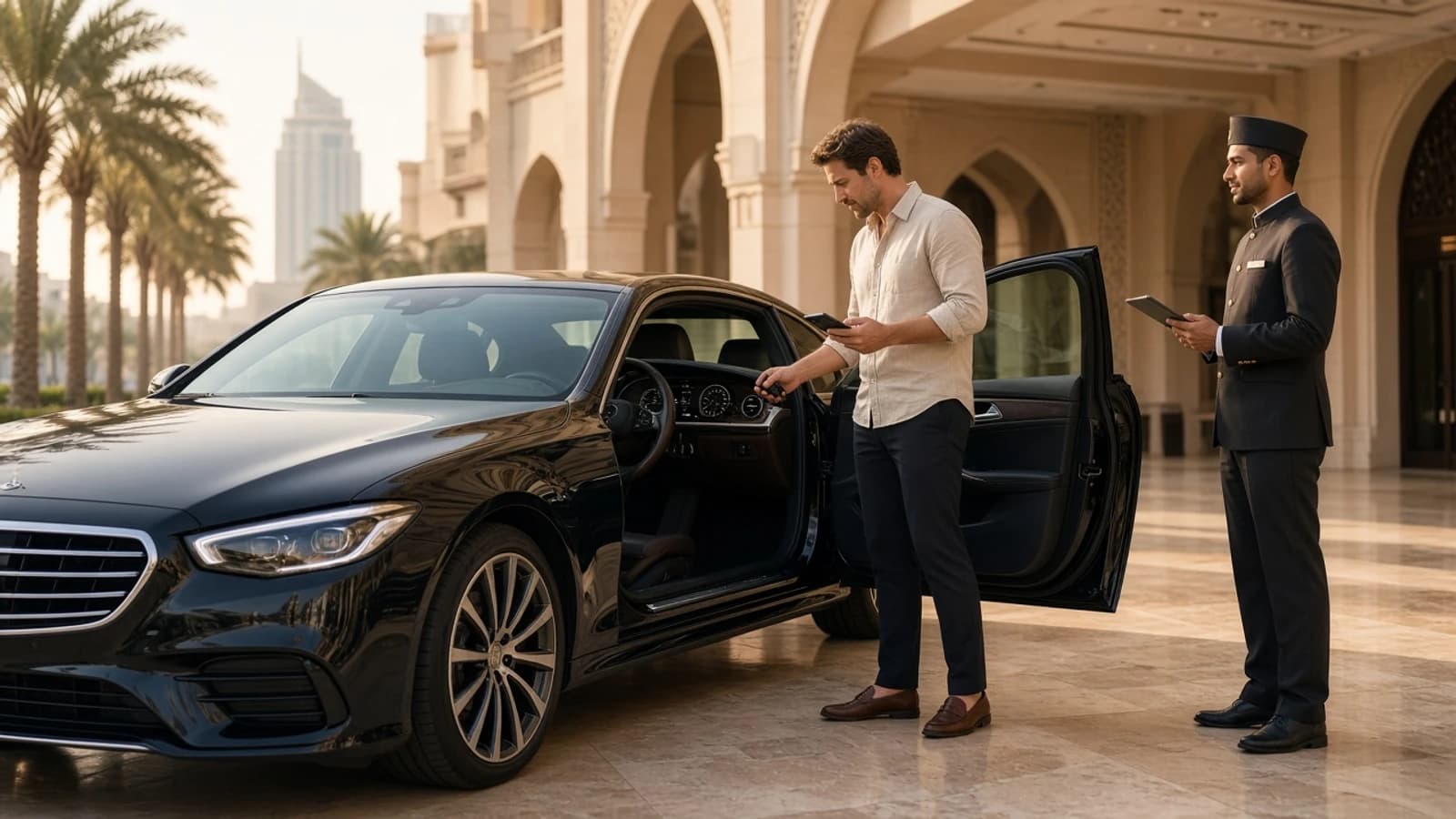 Luxury rental car return checklist Dubai: guest returning keys beside a luxury sedan at a hotel porte-cochère