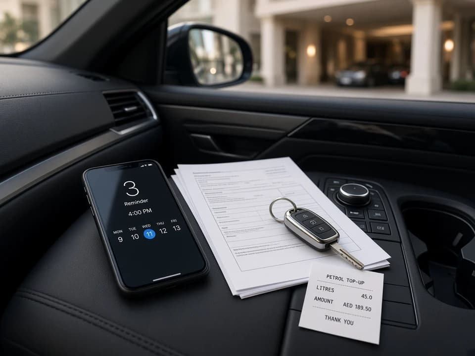 Dubai rental car documents, keys, fuel receipt, and phone timer ready for luxury rental car return checklist Dubai