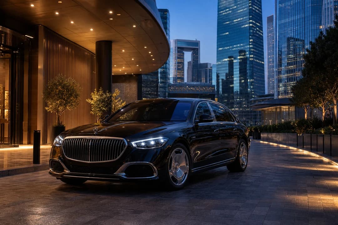 Black executive sedan at DIFC for best luxury car Dubai business arrivals