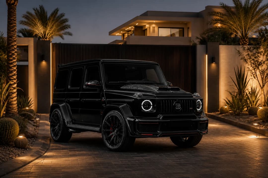 Mercedes-Benz G63 at a villa gate for luxury SUV vs sedan rental Dubai family and hotel weeks