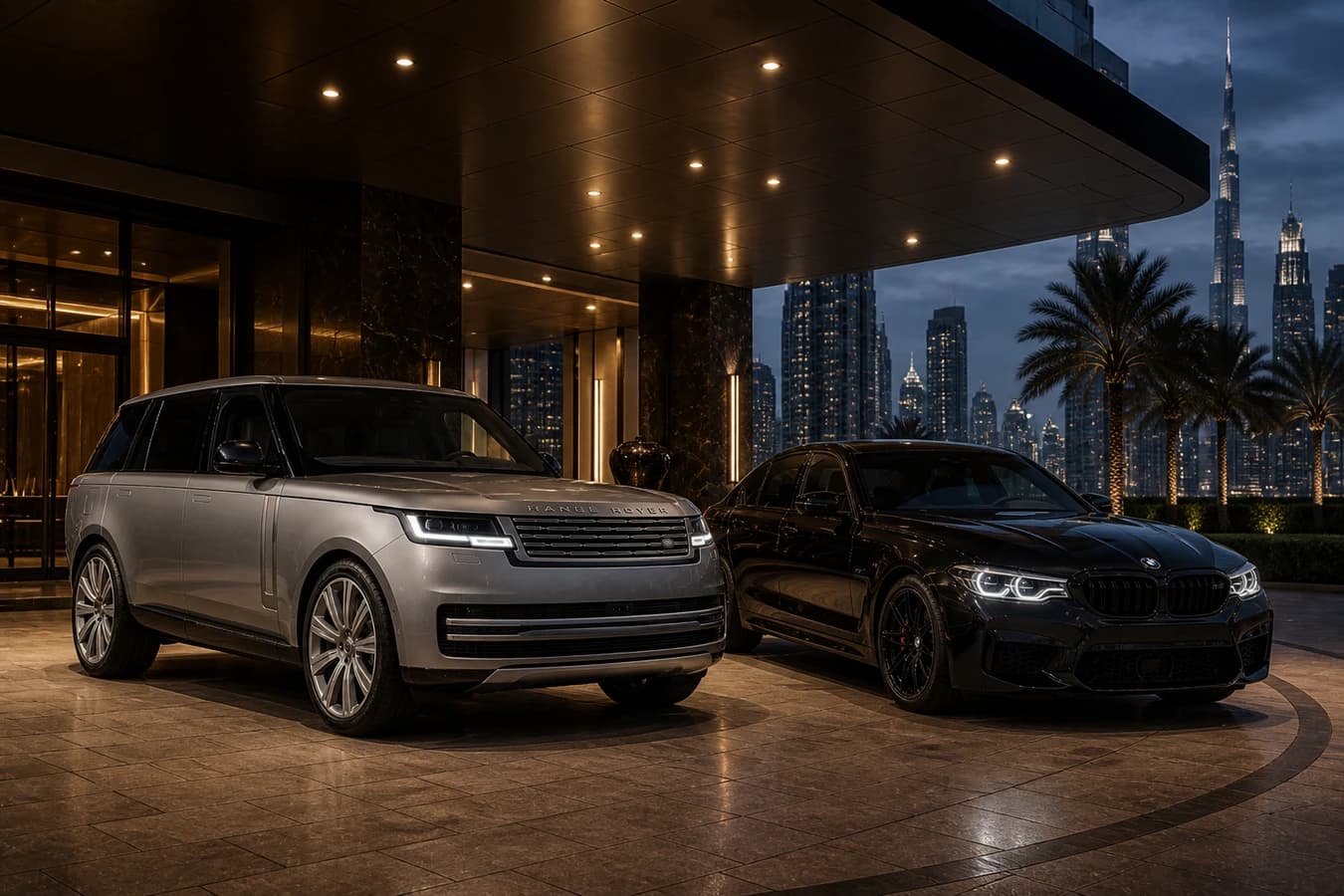 Luxury SUV vs sedan rental Dubai hero with a Range Rover and BMW M5 at a Downtown hotel porte-cochère