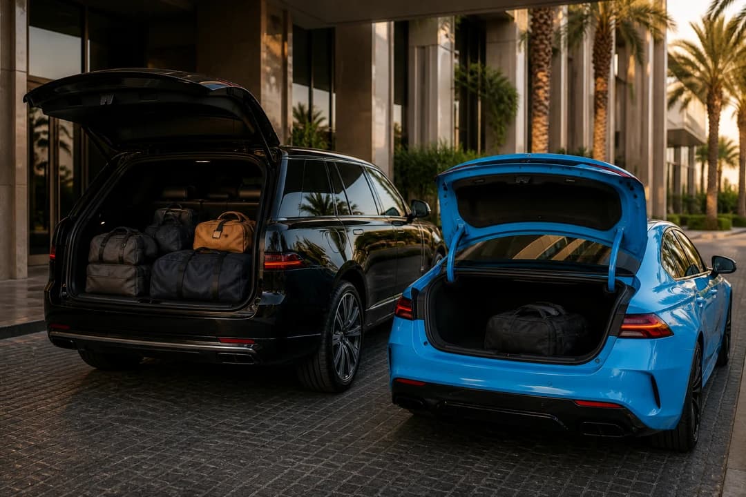 Luxury SUV open boot with soft family bags at a Dubai hotel kerb for luxury car hire Dubai packing reality