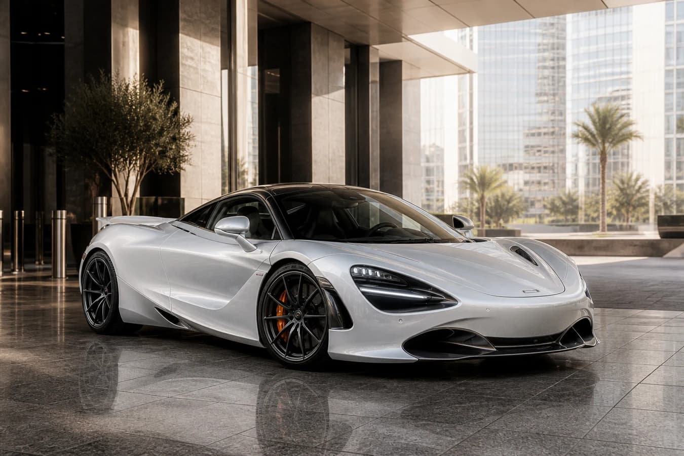 McLaren 720S rental Dubai hero with a silica white 720S Coupe at a DIFC hotel porte-cochère in morning light