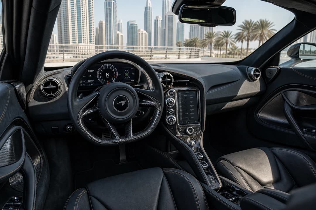 McLaren 720S hire Dubai cockpit with folding driver display open for first-time Super Series drivers
