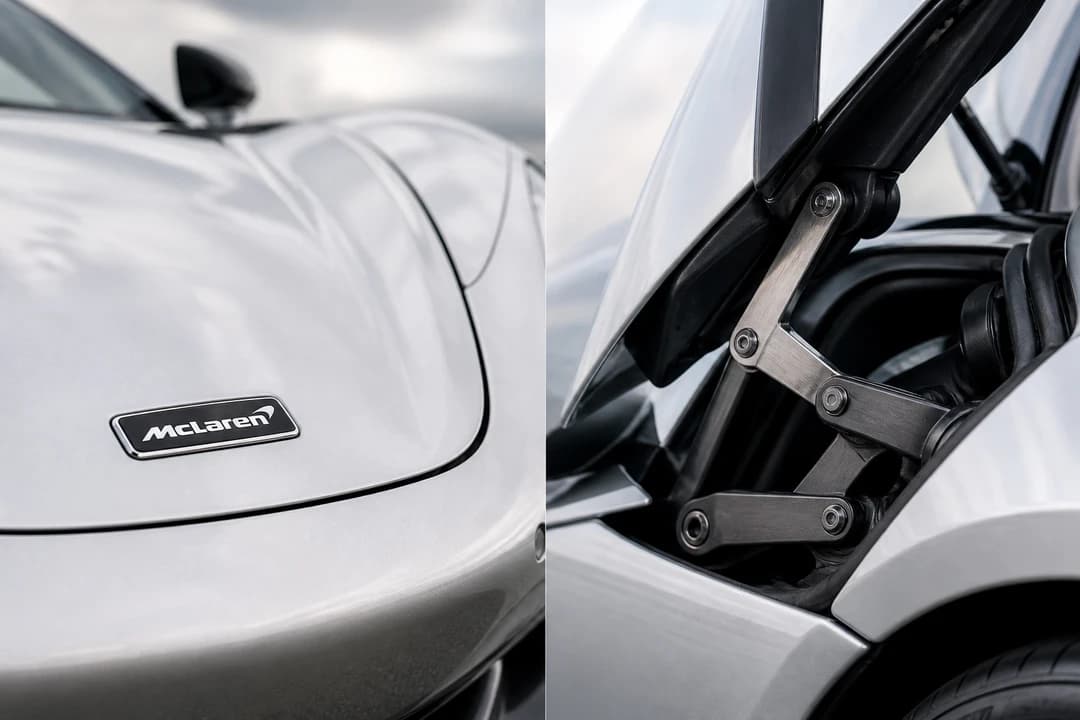 McLaren Speedmark badge on a white 720S rear deck for McLaren 720S rental Dubai walking-speed identity