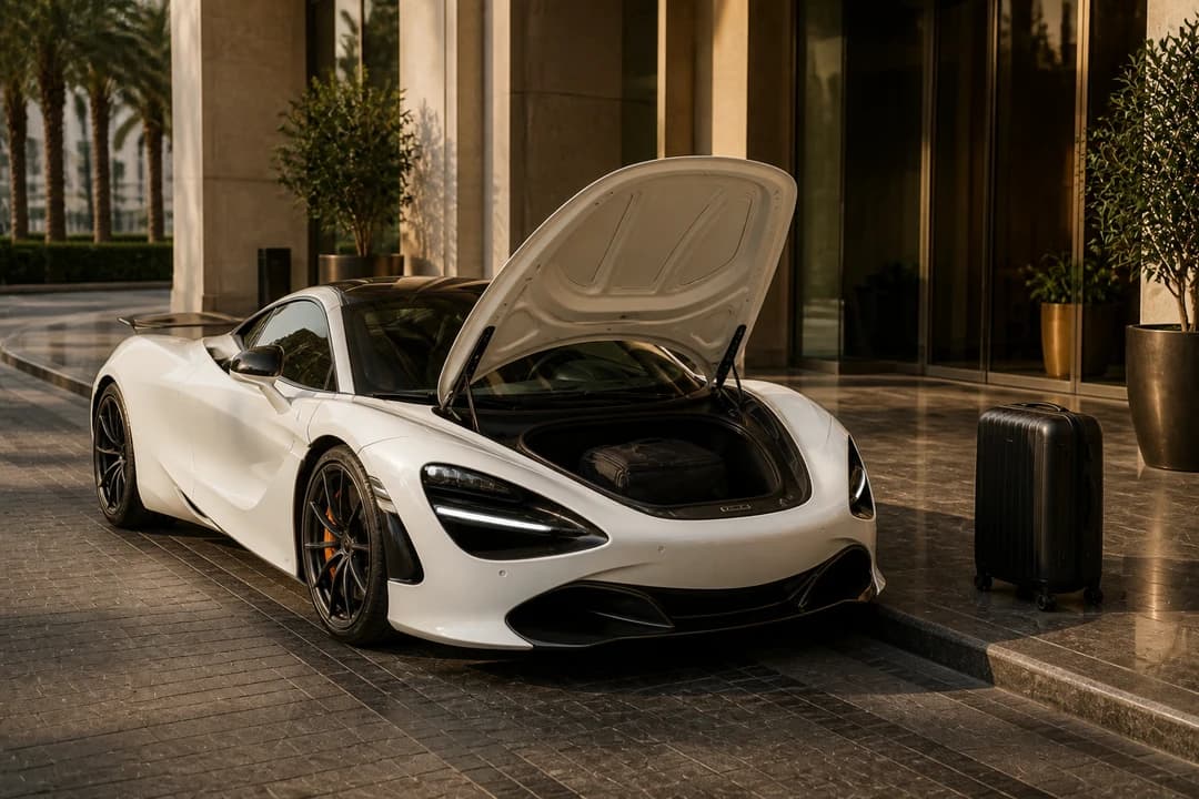 McLaren 720S soft cabin bag packed in the luggage bay at a Downtown hotel for luxury car rental Dubai packing