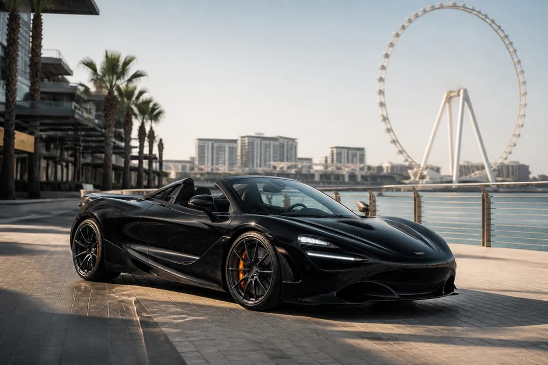 McLaren 720S Spider at Bluewaters Island waterfront for convertible rental Dubai weekend brunch arrivals