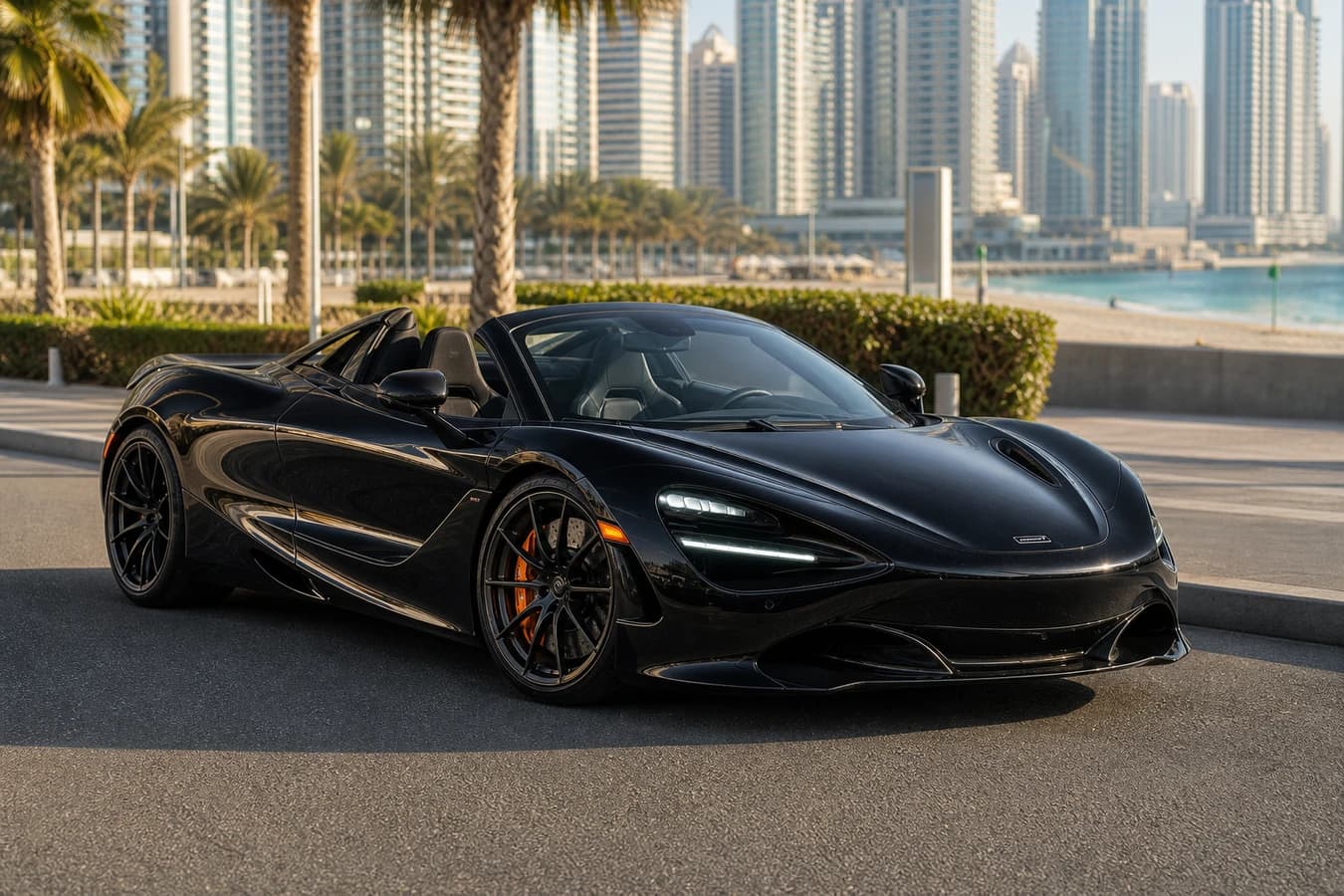 McLaren 720S Spider rental Dubai guide hero with jet-black Spider roof down on JBR Beach Road at weekend morning