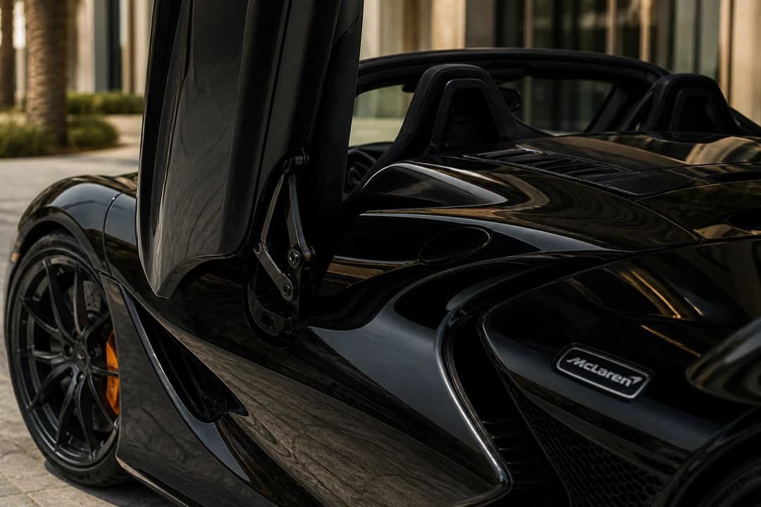 McLaren 720S Spider dihedral door hinge and rear deck detail with roof stowed for open-top Super Series character
