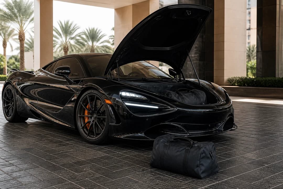 McLaren 720S Spider front luggage with soft weekend bags at a Palm hotel porte-cochere for two-seat packing